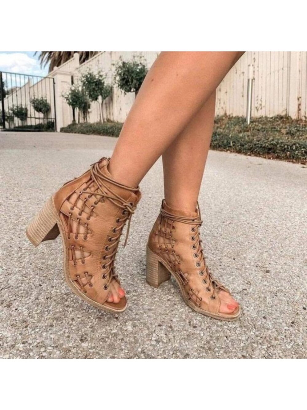 Anthropologie Silent D Jayman Tan Lace up Sandals Boot Heels Women's 37 US 7M